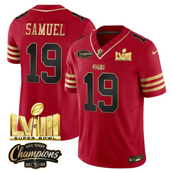 Men's 49ers NFC West Champions & Super Bowl LVIII Gold Patch Vapor Jersey V2 - All Stitched - Image 12