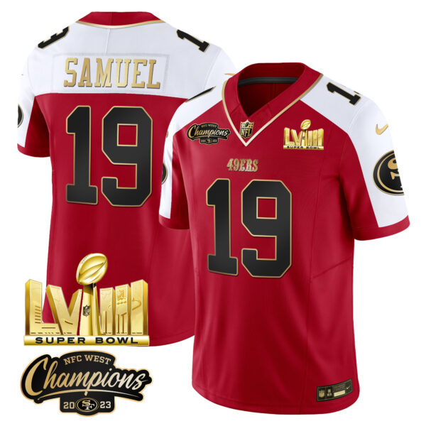 Men's 49ers NFC West Champions & Super Bowl LVIII Gold Patch Vapor Jersey V2 - All Stitched - Image 42