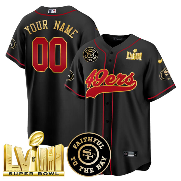 49ers Faithful & Super Bowl LVIII Gold Patch Baseball Custom Jersey - All Stitched - Image 2