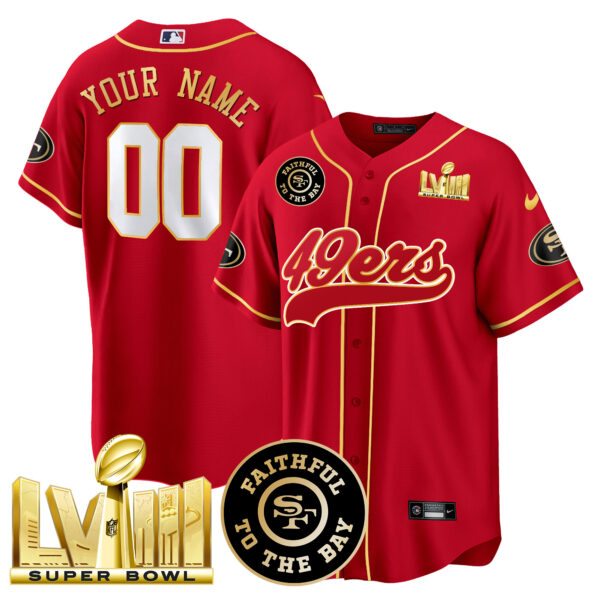 49ers Faithful & Super Bowl LVIII Gold Patch Baseball Custom Jersey - All Stitched - Image 3