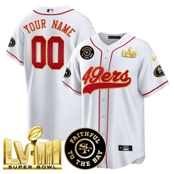 49ers Faithful & Super Bowl LVIII Gold Patch Baseball Custom Jersey - All Stitched - Image 4