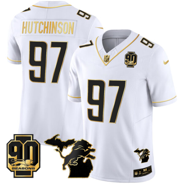 Men's Detroit Lions 90th Year & Michigan Patch Gold Vapor Jersey - All Stitched - Image 19