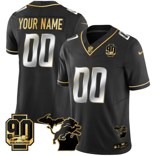 Detroit Lions 90th Year & Michigan Patch Gold Vapor Custom Jersey - All Stitched - Image 2