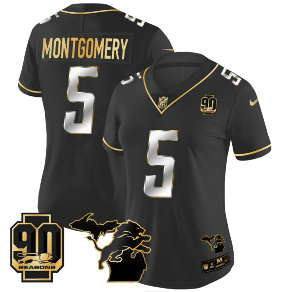 Women's Detroit Lions 90th Year & Michigan Patch Gold Vapor Jersey - All Stitched - Image 10