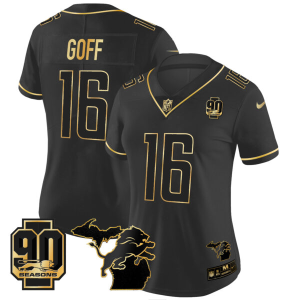Women's Detroit Lions 90th Year & Michigan Patch Gold Vapor Jersey - All Stitched - Image 14