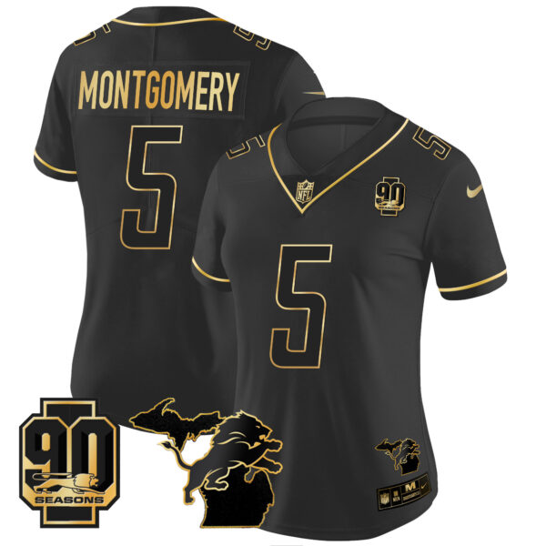 Women's Detroit Lions 90th Year & Michigan Patch Gold Vapor Jersey - All Stitched - Image 16