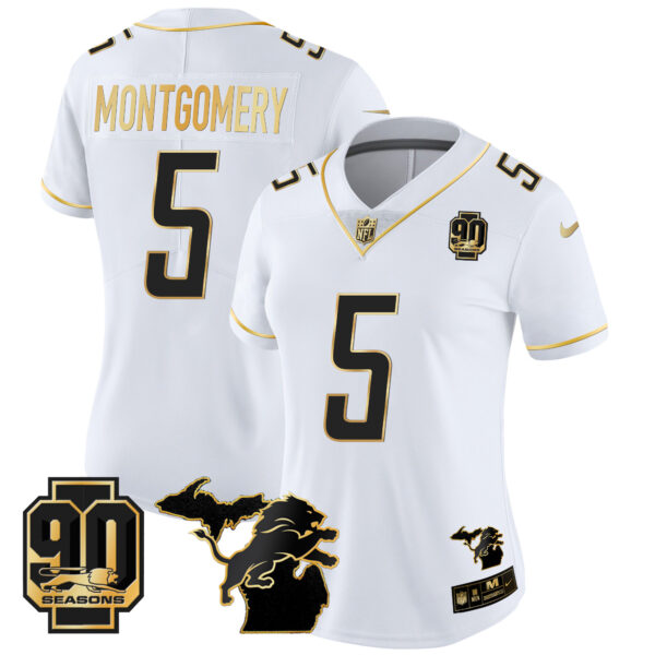 Women's Detroit Lions 90th Year & Michigan Patch Gold Vapor Jersey - All Stitched - Image 22