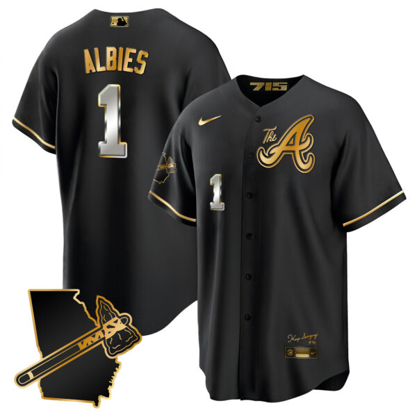 Men's Atlanta Braves The A Gold Cool Base Jersey - Georgia Patch - All Stitched - Image 6