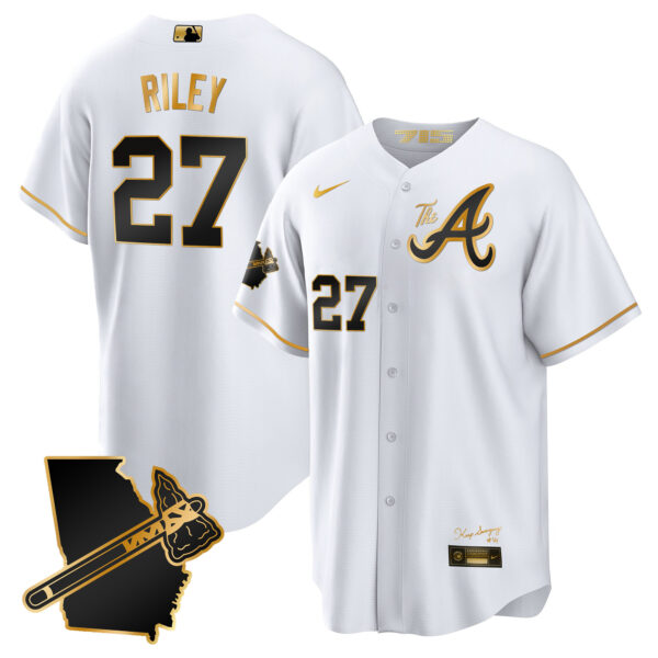 Men's Atlanta Braves The A Gold Cool Base Jersey - Georgia Patch - All Stitched - Image 13