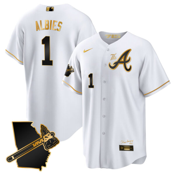 Men's Atlanta Braves The A Gold Cool Base Jersey - Georgia Patch - All Stitched - Image 16