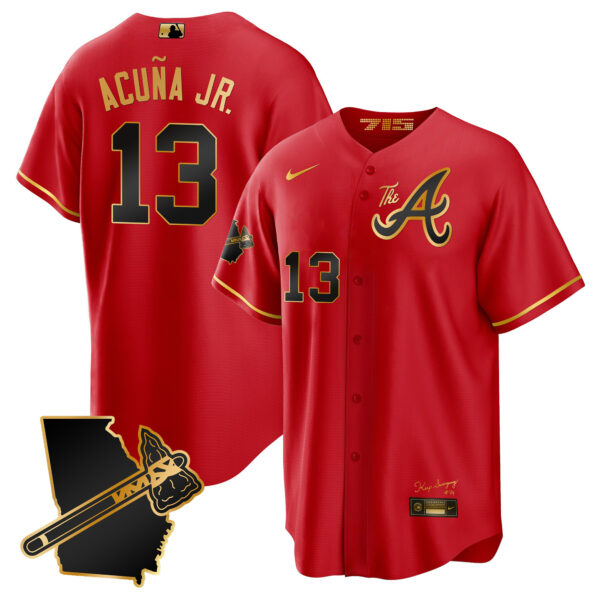 Men's Atlanta Braves The A Gold Cool Base Jersey - Georgia Patch - All Stitched - Image 21