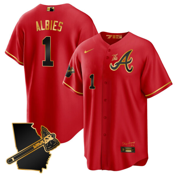 Men's Atlanta Braves The A Gold Cool Base Jersey - Georgia Patch - All Stitched - Image 26