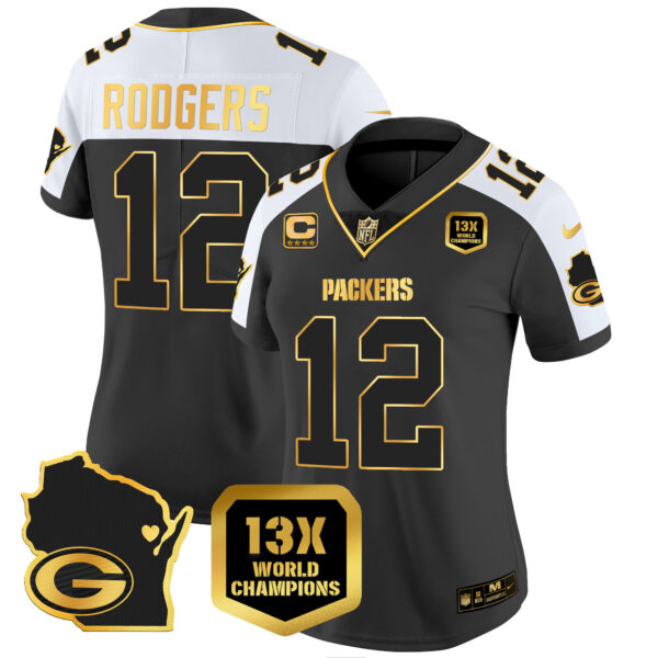 Women's Packers 13 Time World Champions & Home Patch Gold Vapor Jersey V2 – All Stitched - Image 4