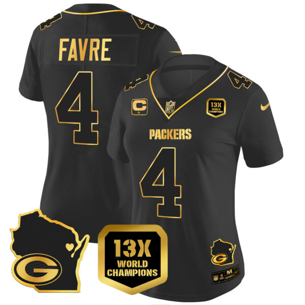 Women's Packers 13 Time World Champions & Home Patch Gold Vapor Jersey V2 – All Stitched - Image 17