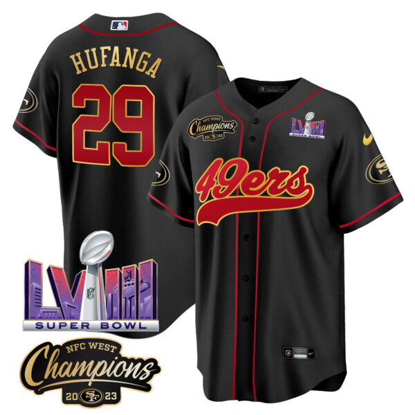 Men's 49ers NFC West Champions & Super Bowl LVIII Patch Baseball Jersey - All Stitched - Image 9