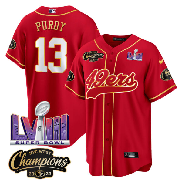 Men's 49ers NFC West Champions & Super Bowl LVIII Patch Baseball Jersey - All Stitched - Image 13