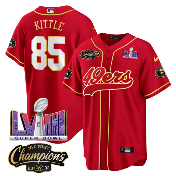 Men's 49ers NFC West Champions & Super Bowl LVIII Patch Baseball Jersey - All Stitched - Image 14