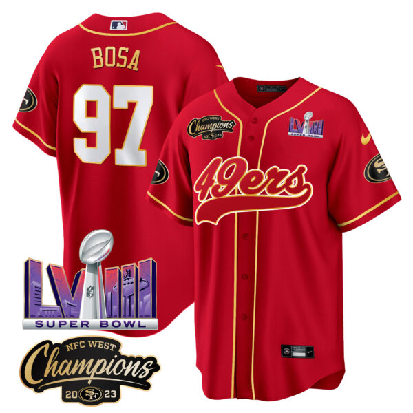 Men's 49ers NFC West Champions & Super Bowl LVIII Patch Baseball Jersey - All Stitched - Image 17