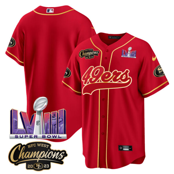 Men's 49ers NFC West Champions & Super Bowl LVIII Patch Baseball Jersey - All Stitched - Image 20