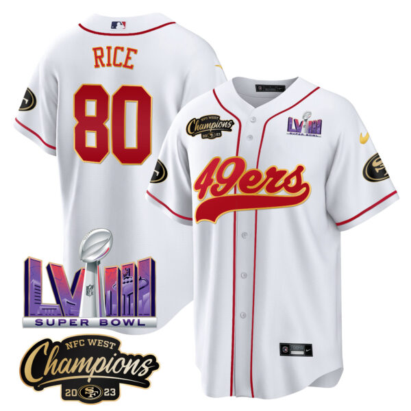 Men's 49ers NFC West Champions & Super Bowl LVIII Patch Baseball Jersey - All Stitched - Image 26
