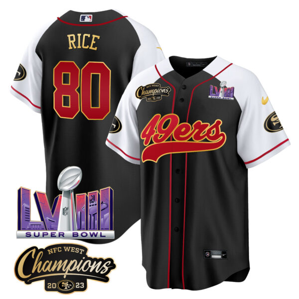 Men's 49ers NFC West Champions & Super Bowl LVIII Patch Baseball Jersey - All Stitched - Image 36