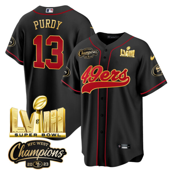 Men's 49ers NFC West Champions & Super Bowl LVIII Gold Patch Baseball Jersey - All Stitched - Image 3