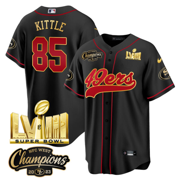Men's 49ers NFC West Champions & Super Bowl LVIII Gold Patch Baseball Jersey - All Stitched - Image 4