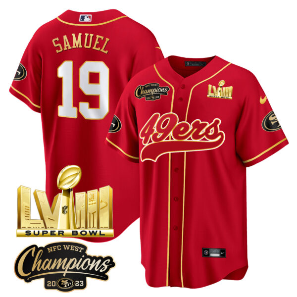 Men's 49ers NFC West Champions & Super Bowl LVIII Gold Patch Baseball Jersey - All Stitched - Image 12