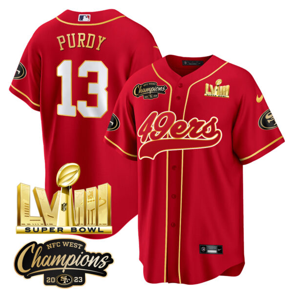 Men's 49ers NFC West Champions & Super Bowl LVIII Gold Patch Baseball Jersey - All Stitched - Image 13