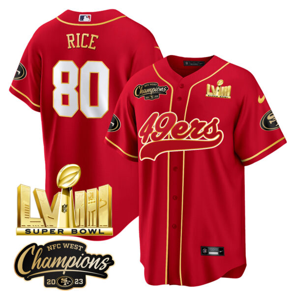 Men's 49ers NFC West Champions & Super Bowl LVIII Gold Patch Baseball Jersey - All Stitched - Image 16