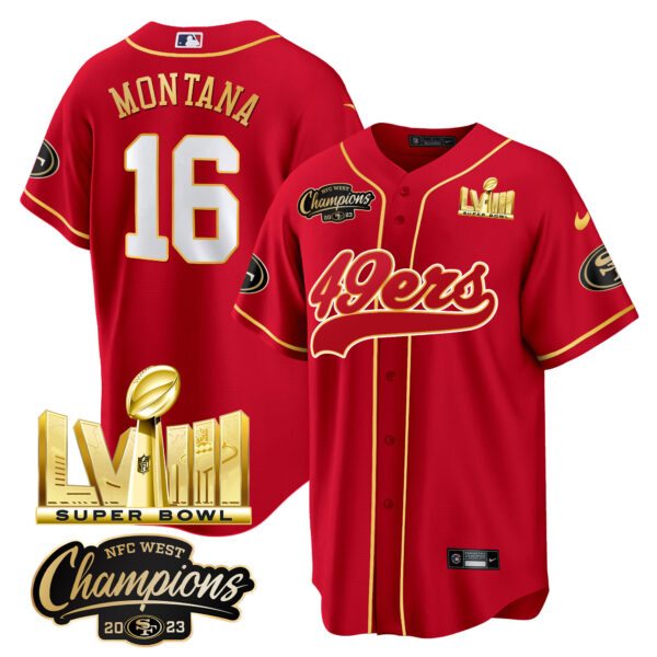 Men's 49ers NFC West Champions & Super Bowl LVIII Gold Patch Baseball Jersey - All Stitched - Image 18