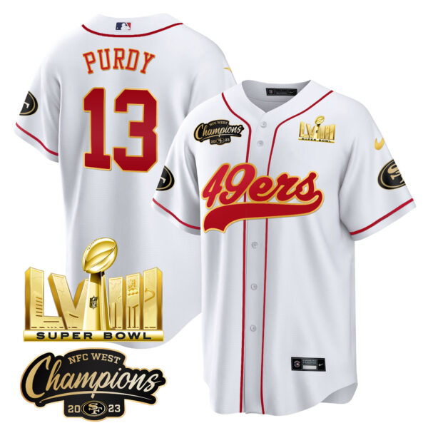 Men's 49ers NFC West Champions & Super Bowl LVIII Gold Patch Baseball Jersey - All Stitched - Image 23