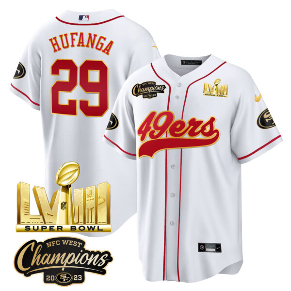 Men's 49ers NFC West Champions & Super Bowl LVIII Gold Patch Baseball Jersey - All Stitched - Image 29