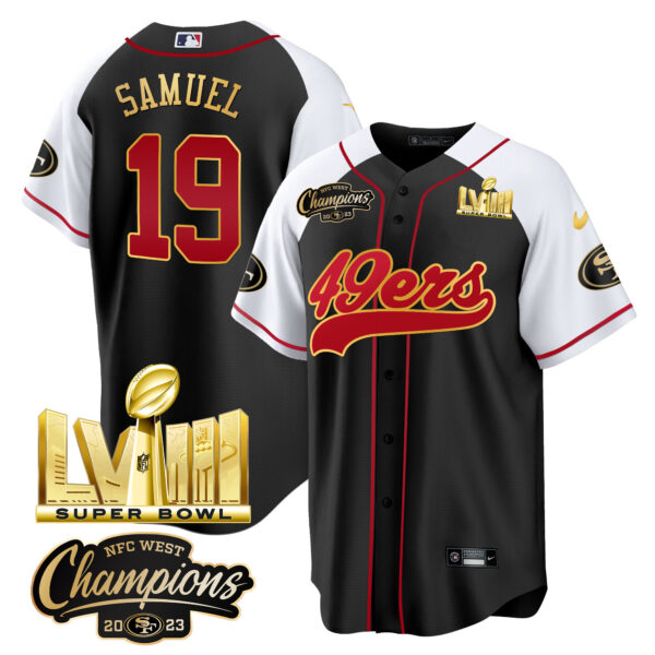 Men's 49ers NFC West Champions & Super Bowl LVIII Gold Patch Baseball Jersey - All Stitched - Image 32