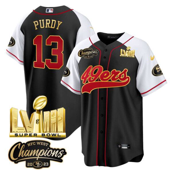Men's 49ers NFC West Champions & Super Bowl LVIII Gold Patch Baseball Jersey - All Stitched - Image 33