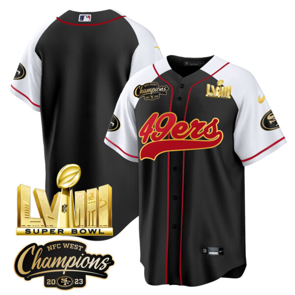 Men's 49ers NFC West Champions & Super Bowl LVIII Gold Patch Baseball Jersey - All Stitched - Image 40