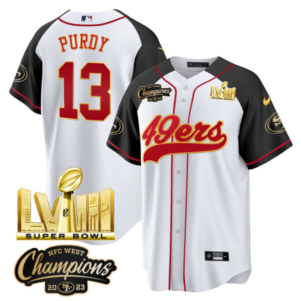 Men's 49ers NFC West Champions & Super Bowl LVIII Gold Patch Baseball Jersey - All Stitched - Image 43