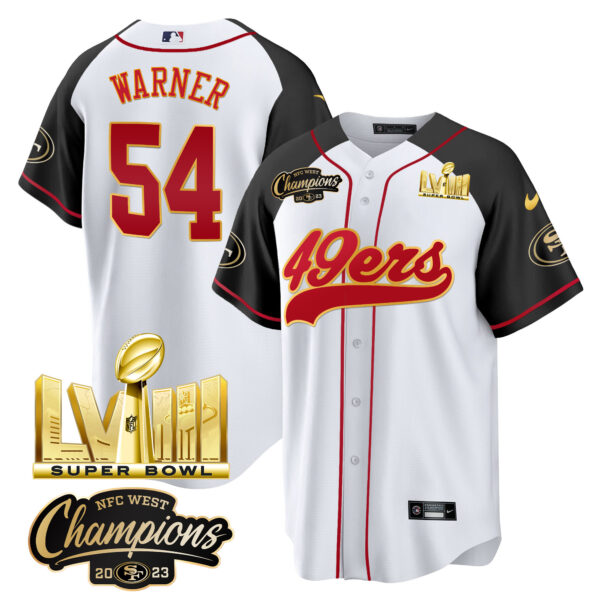 Men's 49ers NFC West Champions & Super Bowl LVIII Gold Patch Baseball Jersey - All Stitched - Image 45