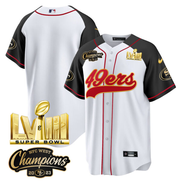 Men's 49ers NFC West Champions & Super Bowl LVIII Gold Patch Baseball Jersey - All Stitched - Image 50
