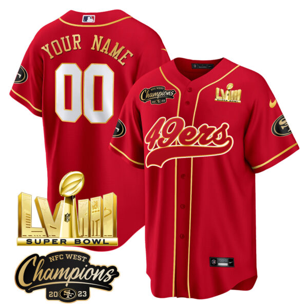 49ers NFC West Champions & Super Bowl LVIII Gold Patch Baseball Custom Jersey - All Stitched - Image 2