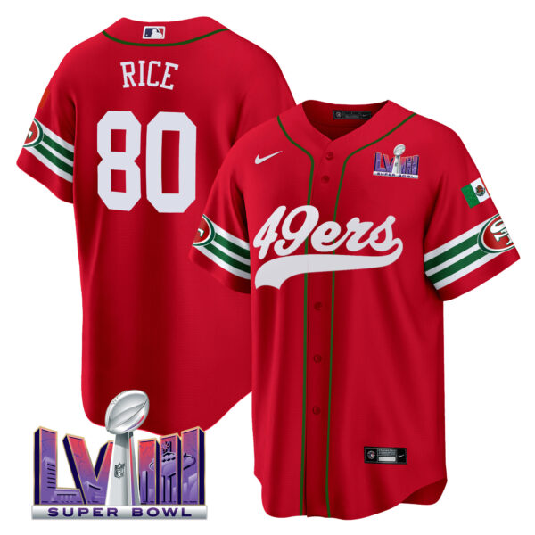 Men's 49ers Mexico Super Bowl LVIII Patch Baseball Jersey - All Stitched - Image 26