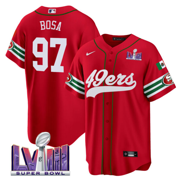 Men's 49ers Mexico Super Bowl LVIII Patch Baseball Jersey - All Stitched - Image 27
