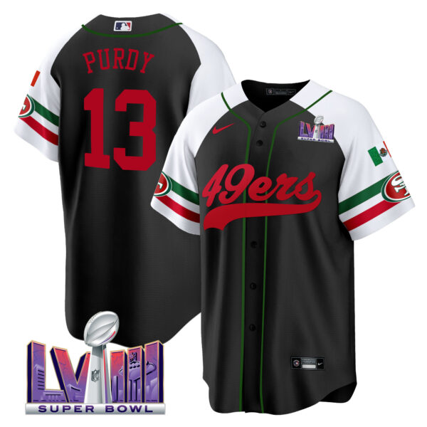 Men's 49ers Mexico Super Bowl LVIII Patch Baseball Jersey - All Stitched - Image 43