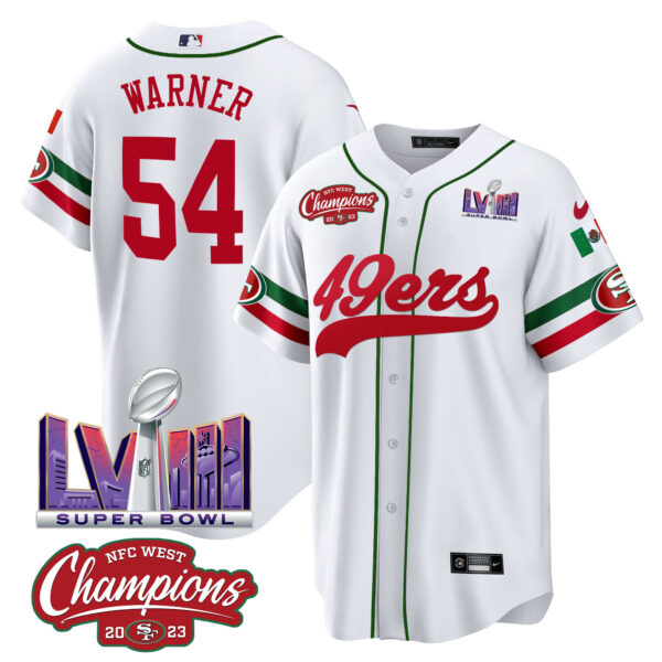 Men's 49ers Mexico NFC West Champions & Super Bowl LVIII Patch Baseball Jersey - All Stitched - Image 5