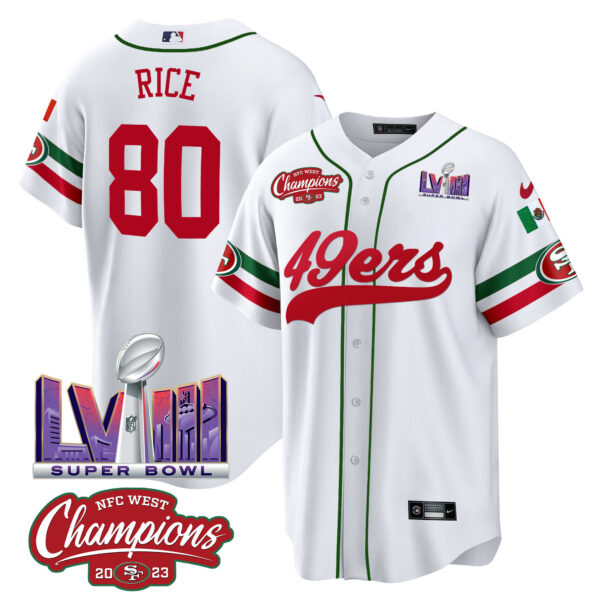 Men's 49ers Mexico NFC West Champions & Super Bowl LVIII Patch Baseball Jersey - All Stitched - Image 6