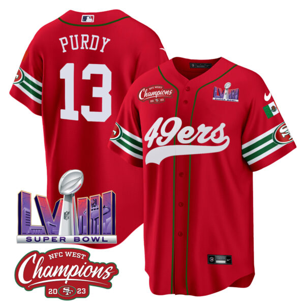 Men's 49ers Mexico NFC West Champions & Super Bowl LVIII Patch Baseball Jersey - All Stitched - Image 23