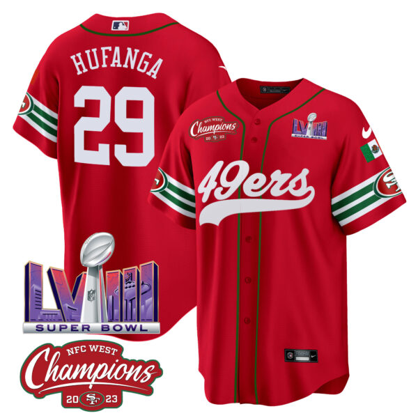 Men's 49ers Mexico NFC West Champions & Super Bowl LVIII Patch Baseball Jersey - All Stitched - Image 29