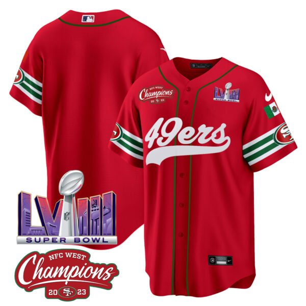 Men's 49ers Mexico NFC West Champions & Super Bowl LVIII Patch Baseball Jersey - All Stitched - Image 30