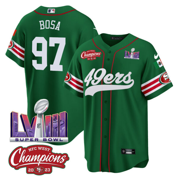 Men's 49ers Mexico NFC West Champions & Super Bowl LVIII Patch Baseball Jersey - All Stitched - Image 37