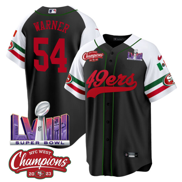 Men's 49ers Mexico NFC West Champions & Super Bowl LVIII Patch Baseball Jersey - All Stitched - Image 45